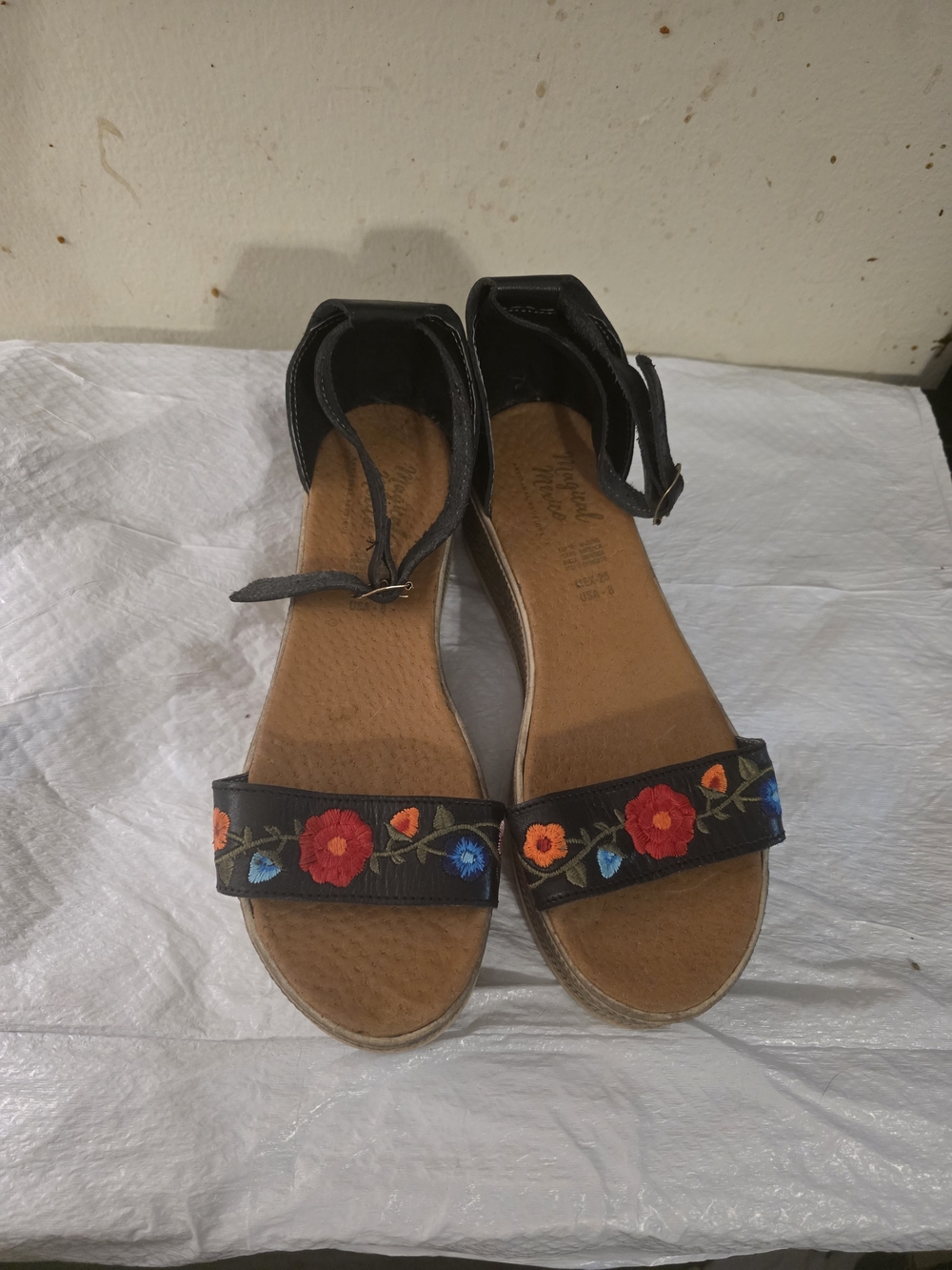 Black Leather Floral Embroidered Women's Ankle-Strap Sandals